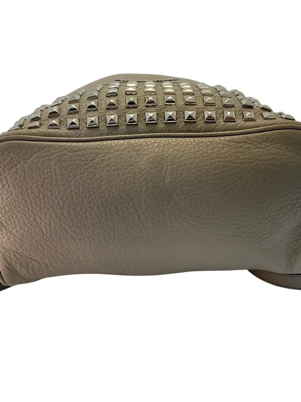 MICHAEL KORS Rhea Zip Studded Backpack Pebbled Leather Bag Pearl Gray- 12